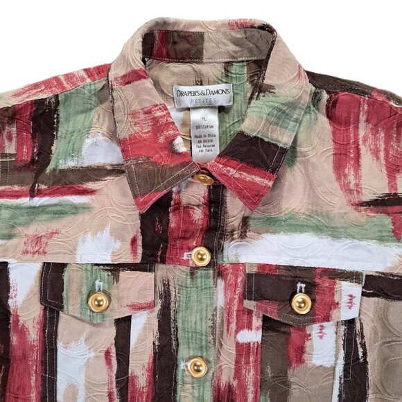 Drapers & Damons Top Women PL Long Sleeve Button Up Artsy Multi Color Cotton - Picture 3 of 10